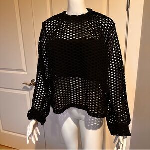 Zara Black Mesh Balloon Sleeve Crochet-Like Top with Tie Neck Size Med